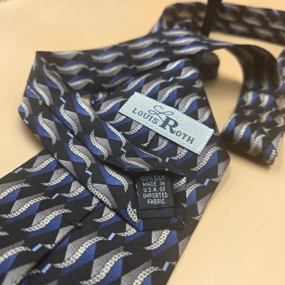 Louis Roth Mens Silk Necktie Blue Black Silver Geometric Abstract Made in USA